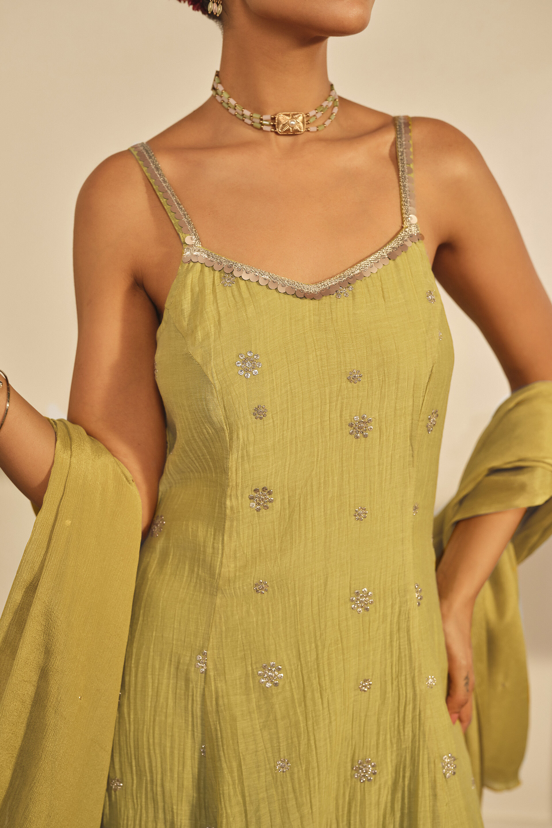 A-line Embroidered Kurta Set in Lime, Lime Green, image 4